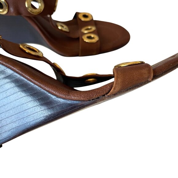 Tory Burch Kathryn Brown Leather Gold Grommet Wedge Sandals Sz 8.5 Designer Luxu - Picture 12 of 15